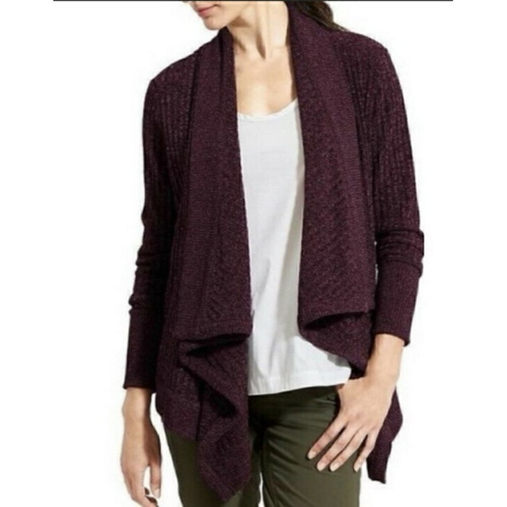ATHLETA Tiburon Burgundy Cardigan Sweater Ribbed Sleeve Drape Open Front Sz S